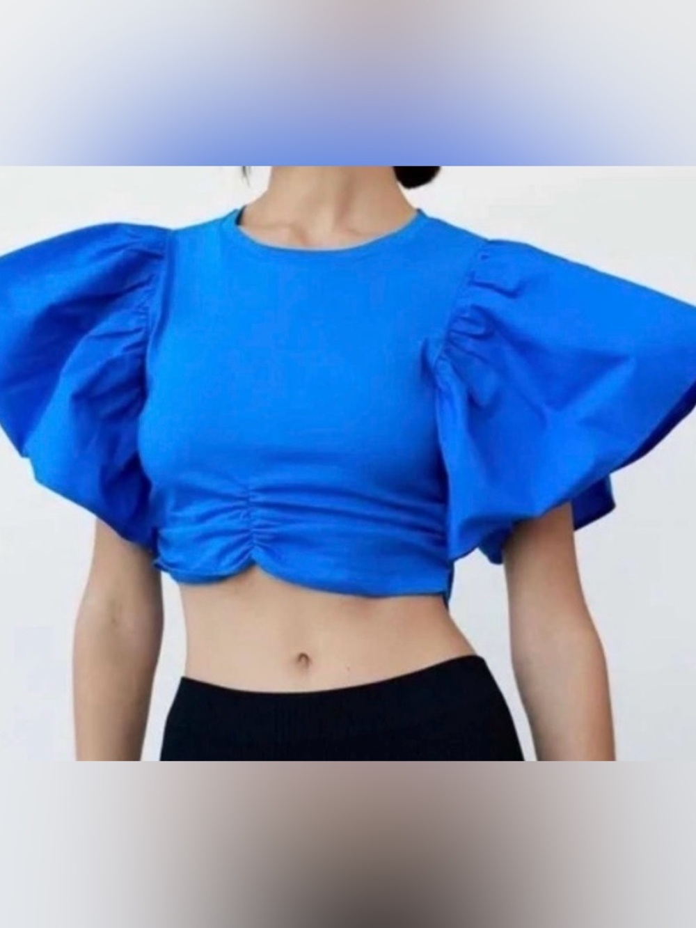 Zara Cropped Bright Blue Flutter Sleeve Top
